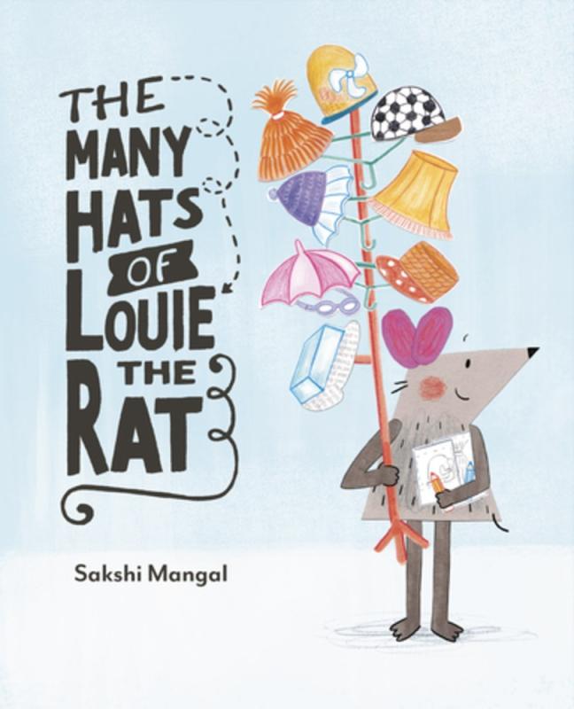 black text with illustration of a rat holding a pole with hats on it