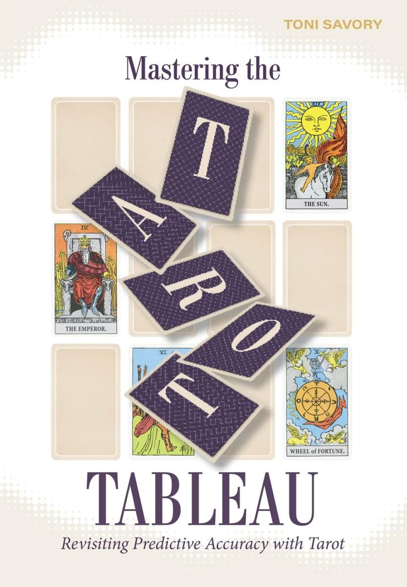 tan grid of rectangles with some of the spaces containing tarot cards and a flurry of cards with letters on the back making up the word "Tarot"