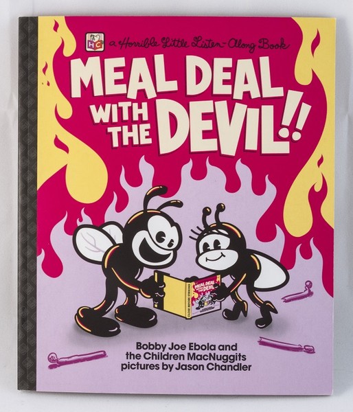 A book cover with two bugs surrounded by fire reading a book with the same cover described