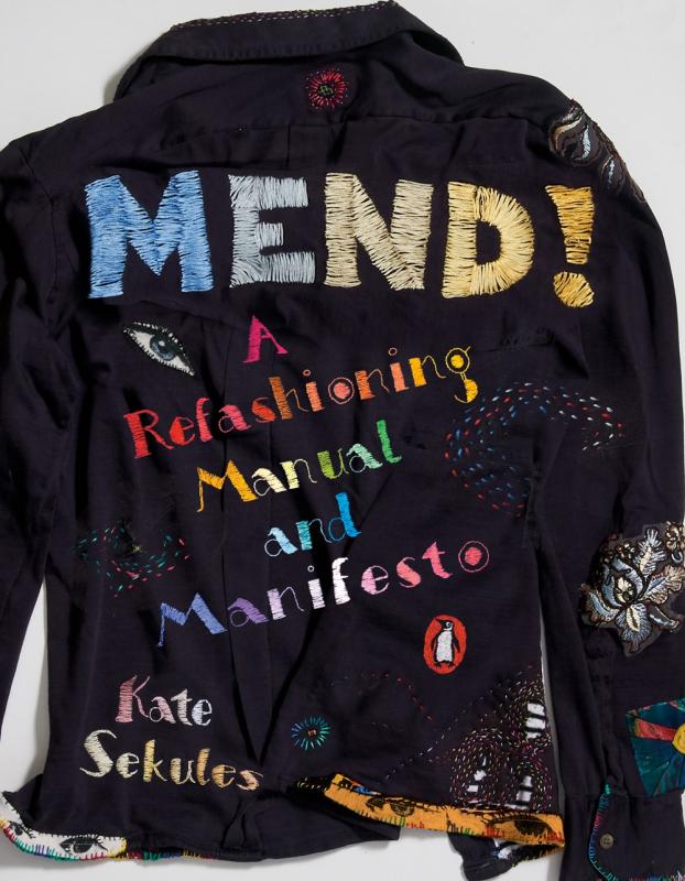 a collared shirt absolutely covered in embroidery, including the title and author's name