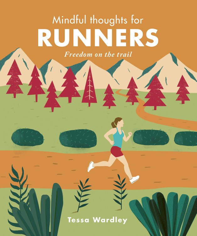 an illustration of a runner on a trail with mountains in the background