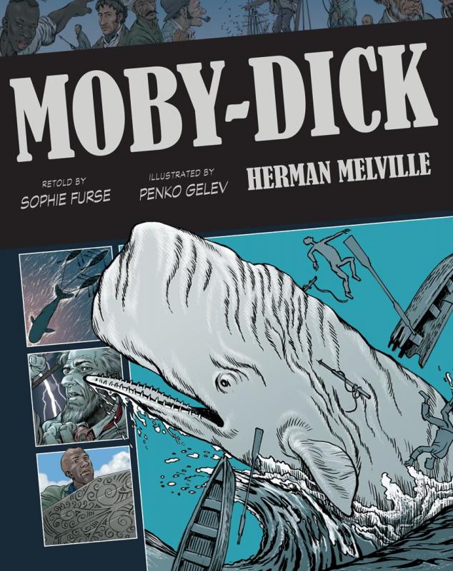 a big white whale and various characters in comic panels along the side of the cover