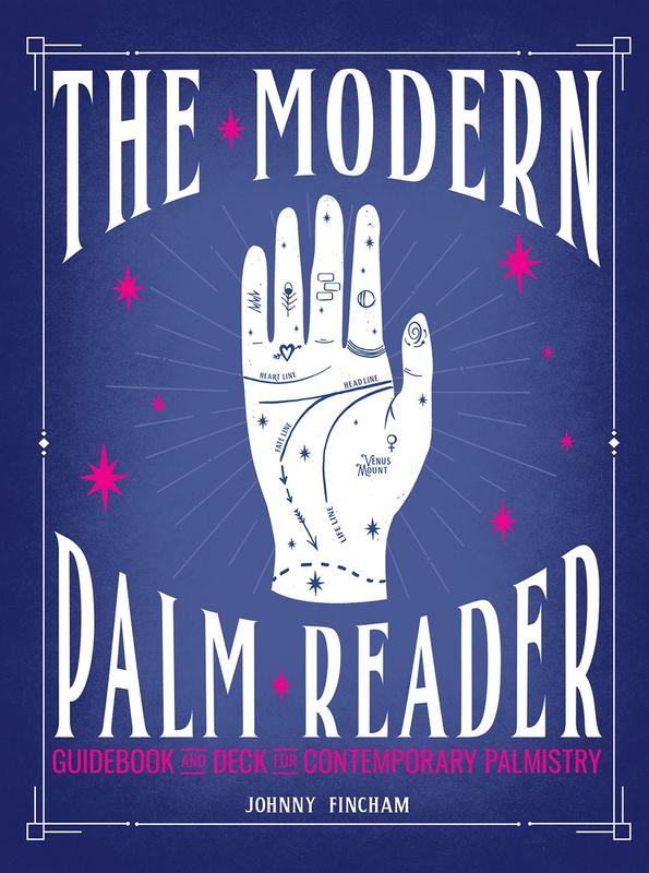 diagram of a palm containing palmistry information like heart, head, fate, and life lines. The palm is surrounded by stars and an art deco framing. 