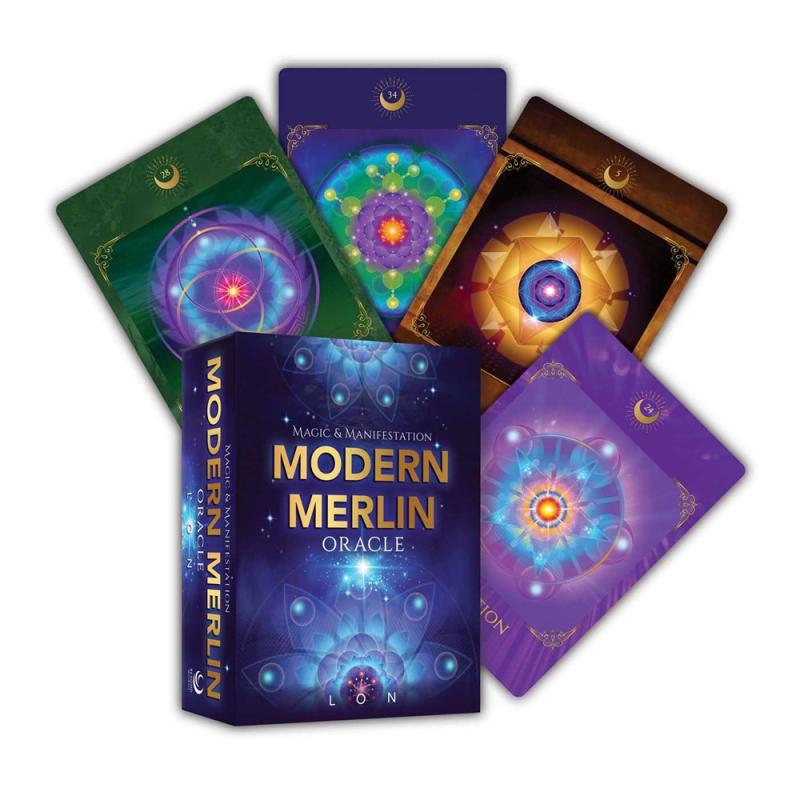 a deck box with a blue starfield and lotus design, surrounded by cards with bold colors and geometric designs