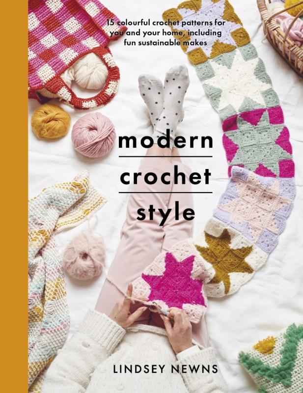 white cover with gold spine with person crocheting on the floor with black text