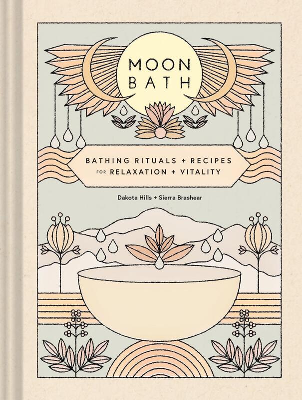 stylized illustration of moons, flowers, leaves, droplets, and a bowl