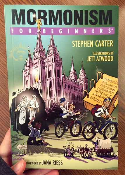 green book cover depicting mormons biking away from a large church, two prophets, and a bound bible