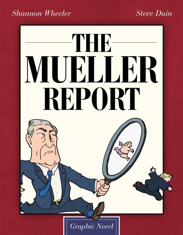 Cover with a drawing depicting Meuller holding a magnifying glass and chasing Trump
