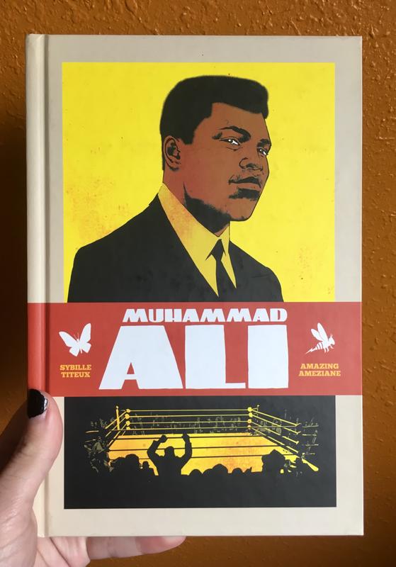 A drawing of Muhammad Ali with a yellow background over a yellow and black image of a boxing ring.