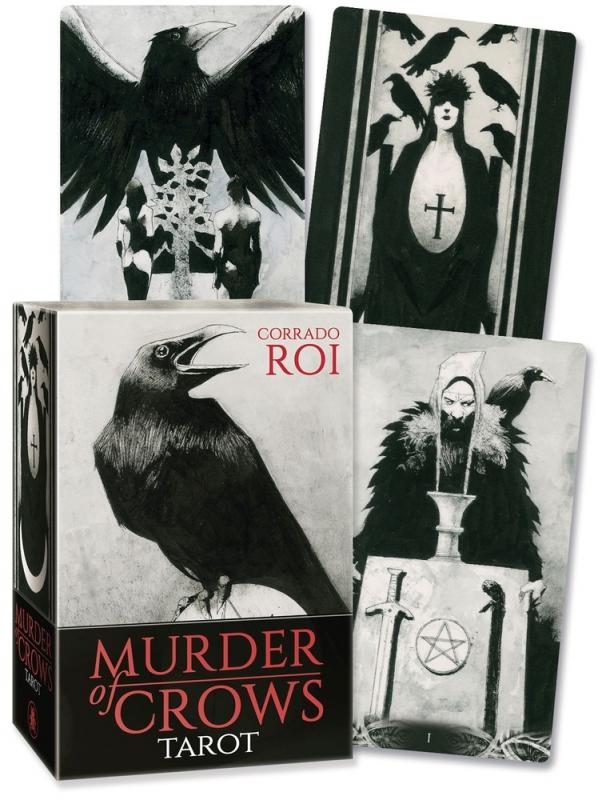 a box with three cards showing black and white macabre images of crows
