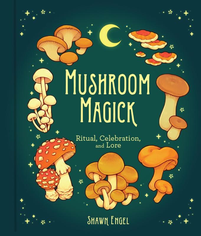a variety of illustrated mushrooms arranged in a circle around the title