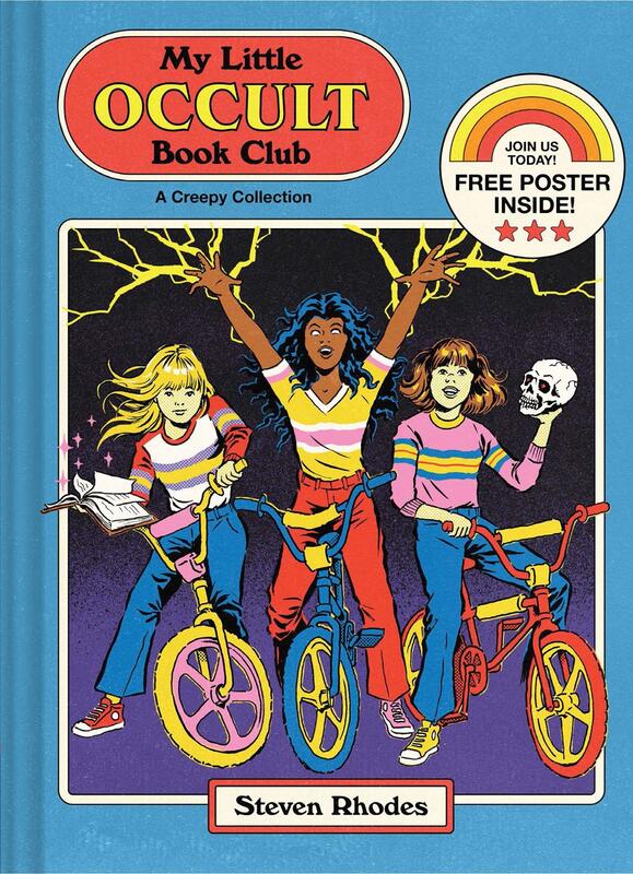 illustration of three preteen girls on bicycles in 70s attire practicing witchcraft.