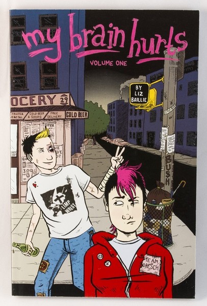 A cartoon of a couple of punks crossing the street, the one behind has a beer bottle in their hand and gives bunny ears to the one in front