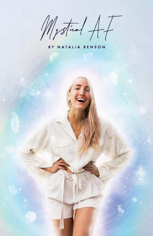 Cover with a photo of a woman in white laughing in front of a light background with stars