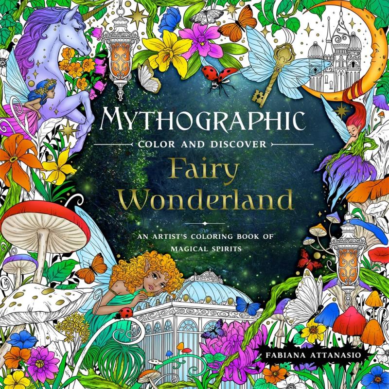 A border of bright illustrations of fairies, mushrooms, flowers, celestial imagery, and more surround the title