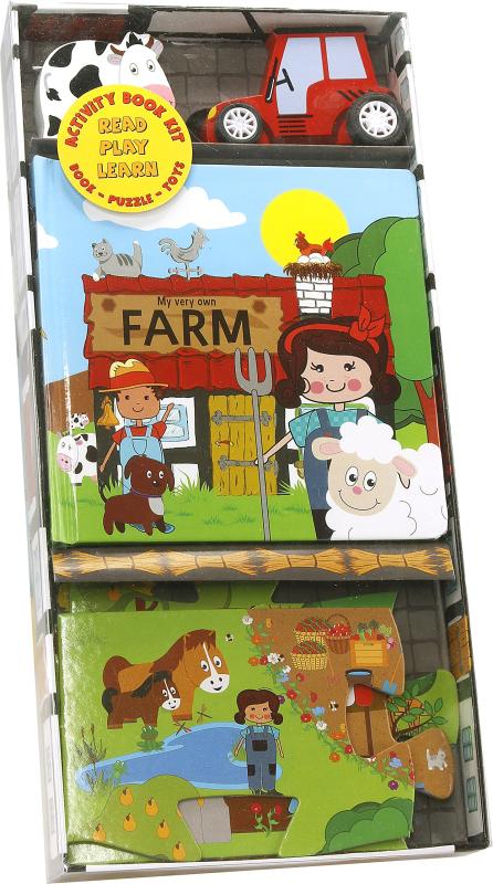Child-friendly illustrations of happy famers and farm animals.