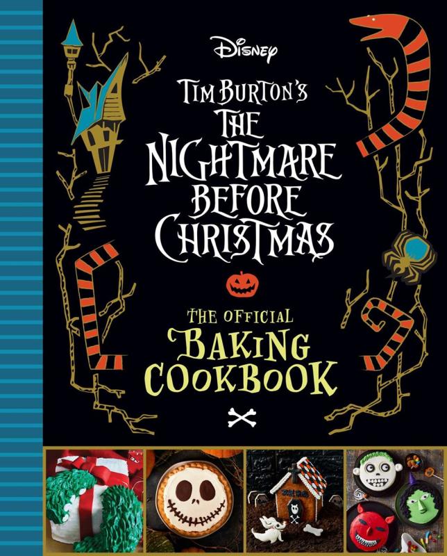 Book cover featuring teal spine and black background filled with illustrations inspired by Nightmare Before Christmas, with a row of photographs of cookies along the bottom.