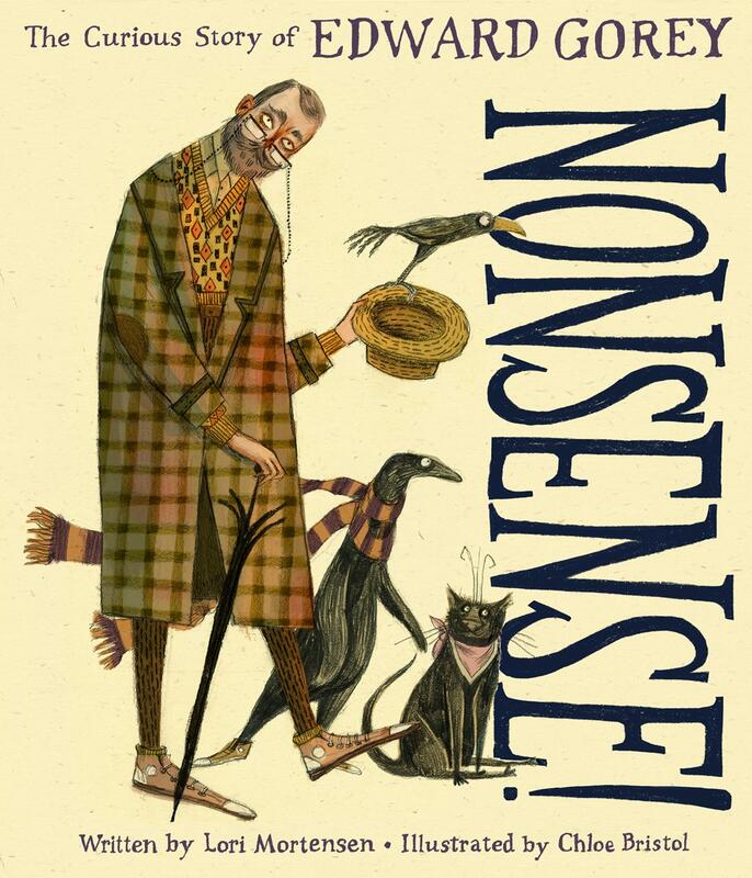 stylized illustration of Edward Gorey with a few of his characters. 