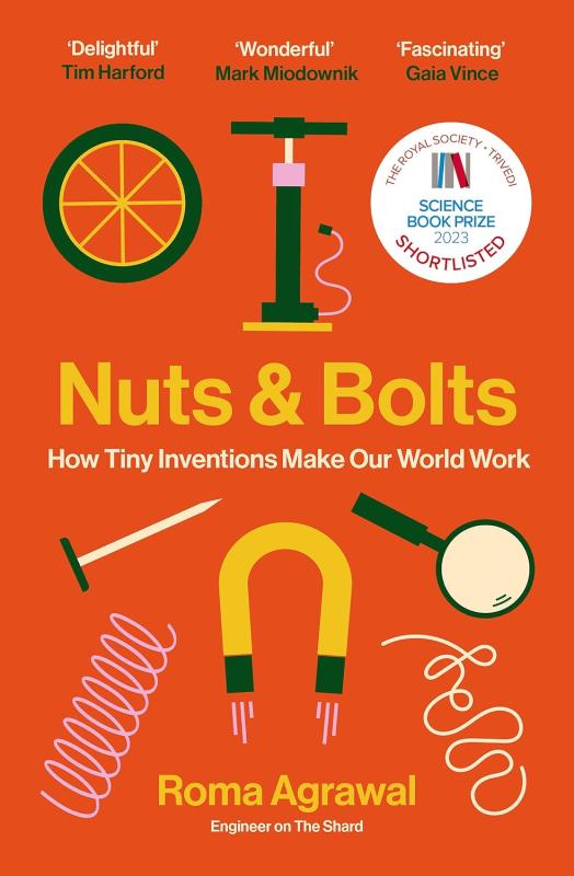 orange cover with collage of illustrated inventions such as the wheel and magnate 