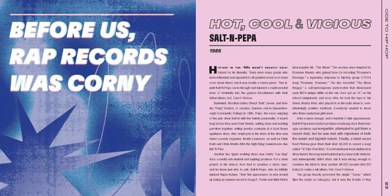 Pink and blue text pages describing Salt-n-Pepa's Hot, Cool & Vicious album.