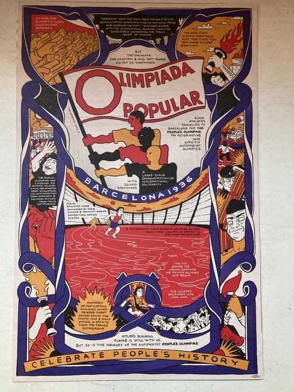 three people of different ethnicities hold a flag reading 'olimpiada popular' 