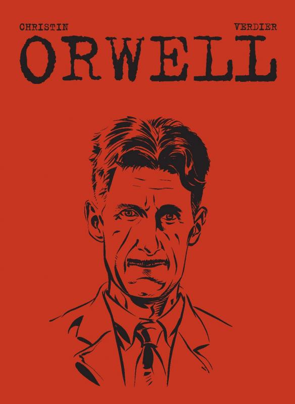 an illustration of George Orwell in black against a red background