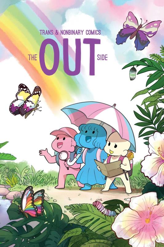 three figures- one pink, one blue, one white- under an umbrella with the trans flag, in a magical world of rainbows, lush vegetation, and butterflies with pride-themed wings