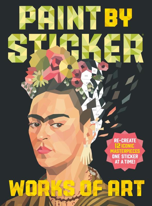 Image of Frida Kahlo made up of polygons representing stickers, over a black background