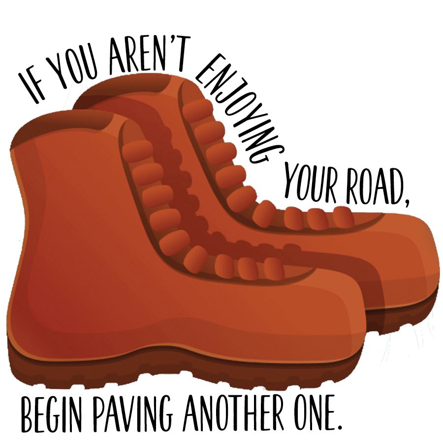 Illustration of a pair of brown boots surrounded by black text.