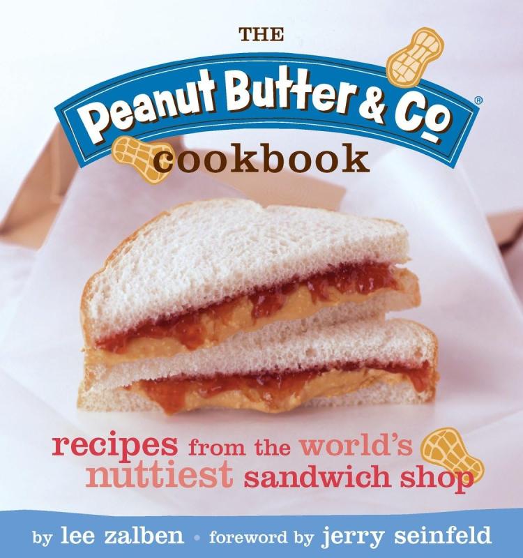 peanut butter and jelly sandwich with white cover and white text inside of a blue banner