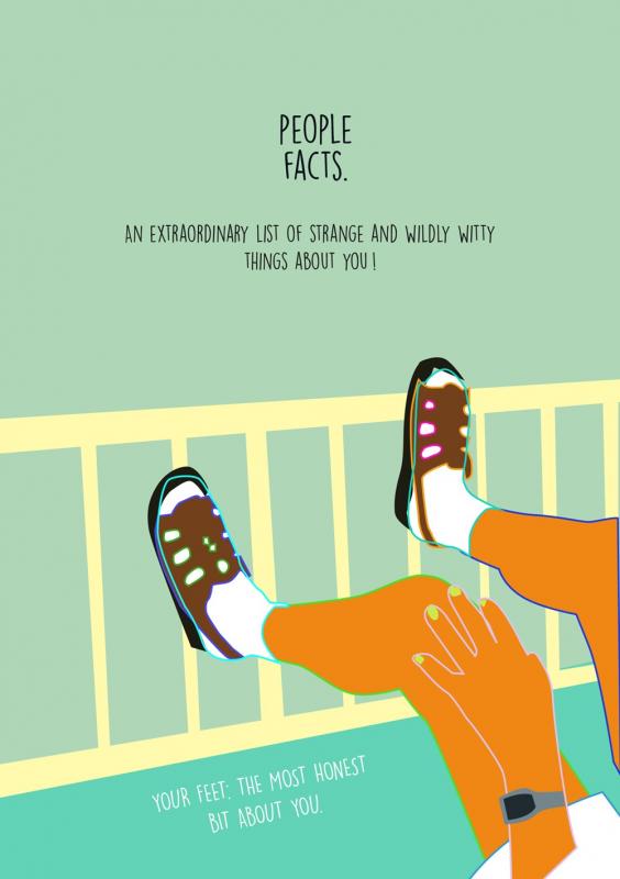 a funkily colored illustration of someone wearing sandals with their legs resting up on a fence