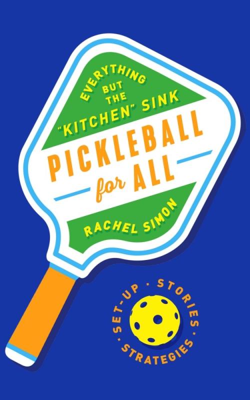 Blue background with title on pickleball racket.