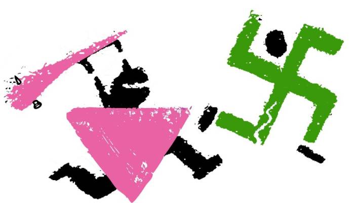 a stick figure person made of a pink triangle, chasing another stick figure person whose body is made up of a green swastika 