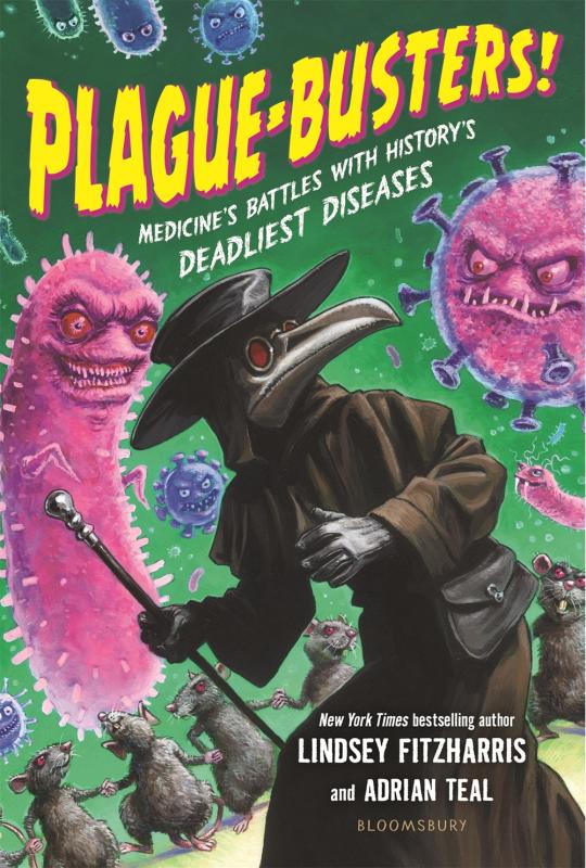 Plague doctor image surrounded by bacterial and virus motifs anthropomorphized to various degrees, with happy rats holding paws in the background. 