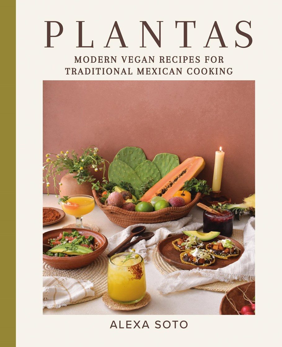 white cover with green spine and close up of food on plates with brown bold text