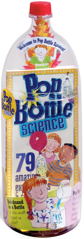 a picture of a pop bottle with a booklet attached to the front with illustrated kids doing various experiments