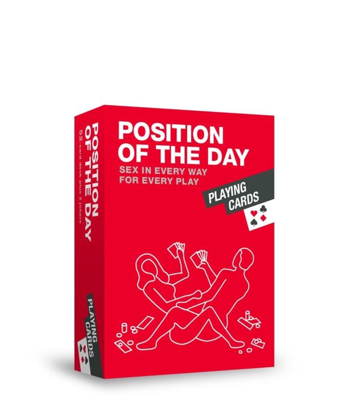 a red deck box, with the outline of two people, legs entwined, playing cards