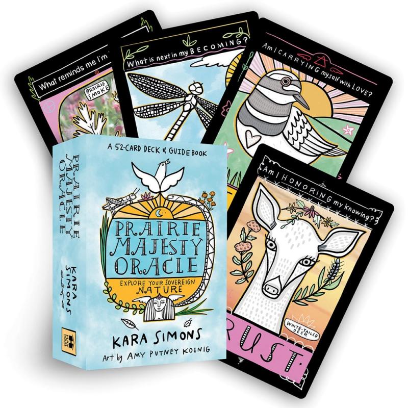 a blue deck box with four cards with animals illustrated in a somewhat abstract and playful style, with different verbs underneath each animal indicating a different action to be undertaken. 