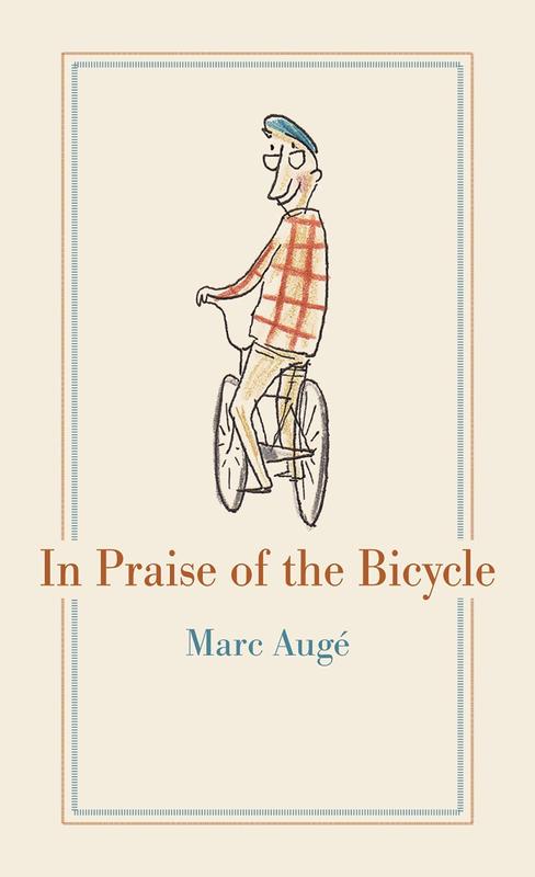 cartoon man riding bike away from title, smiling at reader.
