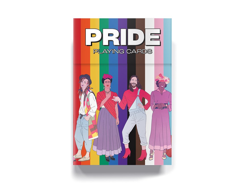 four colorfully dressed queer icons against a rainbow pattern on the cover of the deck box