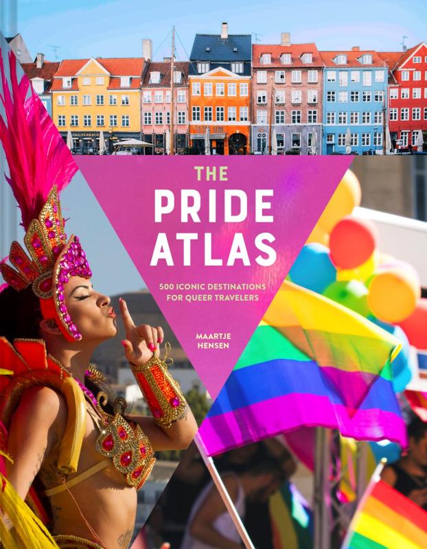 three photographs surrounding a pink triangle- a row of colorful houses, a person in a bejeweled bralette and headdress, and a pride flag