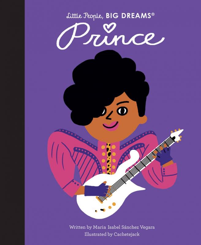 cartoon Prince as a kid, with white electric guitar