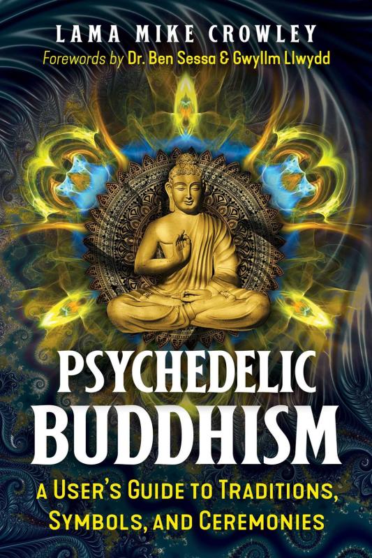 a buddha sitting cross legged in front of an elaborate psychedelic mandala