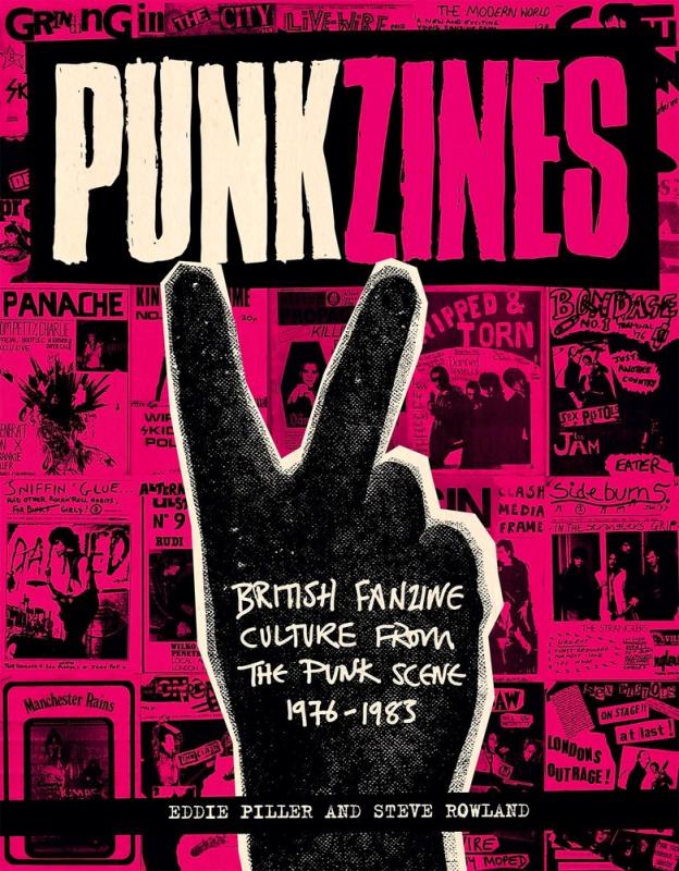 a silhouette of a hand throwing up the peace sign against a background of collaged punkzine covers