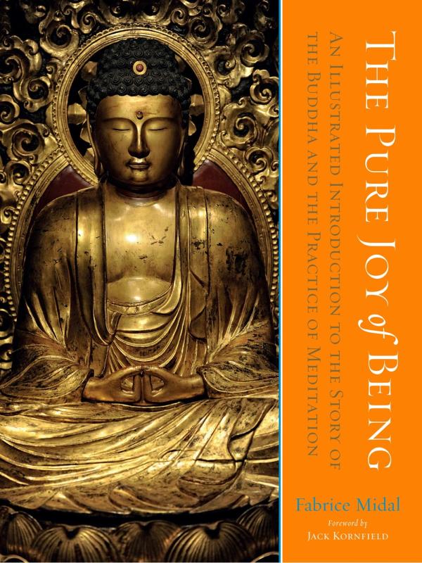 gold statue of Buddha with orange banner and white text
