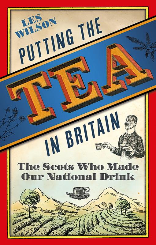 tan cover with red border with blue banner with yellow text with illustration of tea farm
