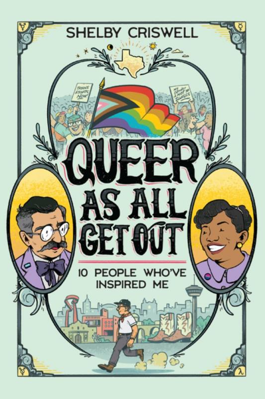 a progress pride flag flies in front of a crowd at the top of the cover, three illustrated figures in their own frames towards the bottom of the cover