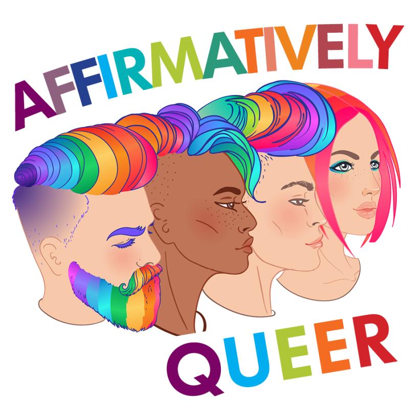 Illustration featuring diverse group of people with colorful hair and makeup, with rainbow colored text.