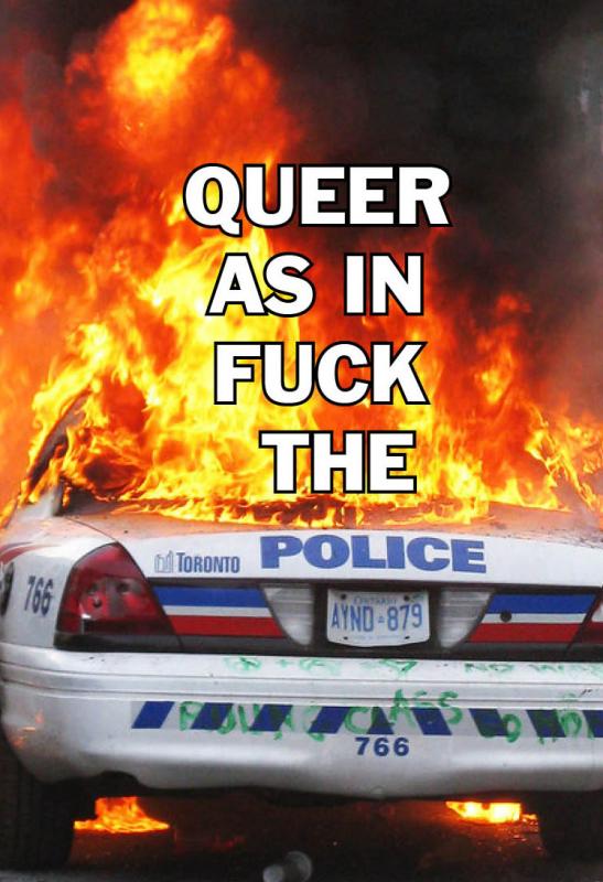 a burning cop car with the title text superimposed