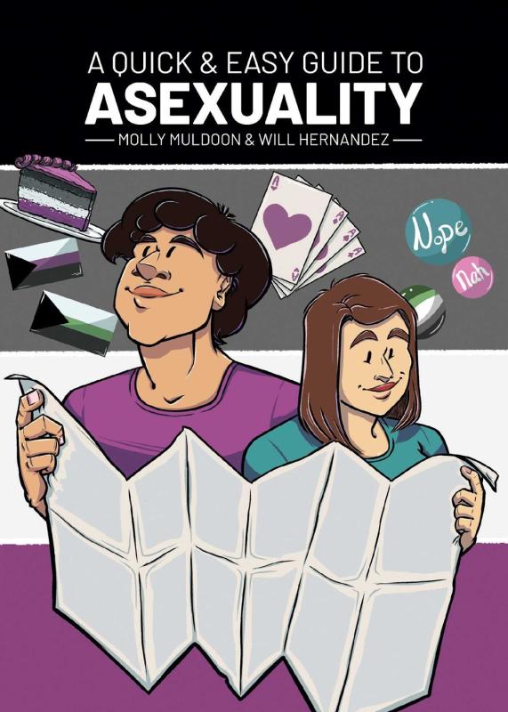 two illustrated characters holding a map or chart, with a slice of cake in the colors of the asexuality pride flag, a deck of cards, and pins that say 'nope' and 'nah'